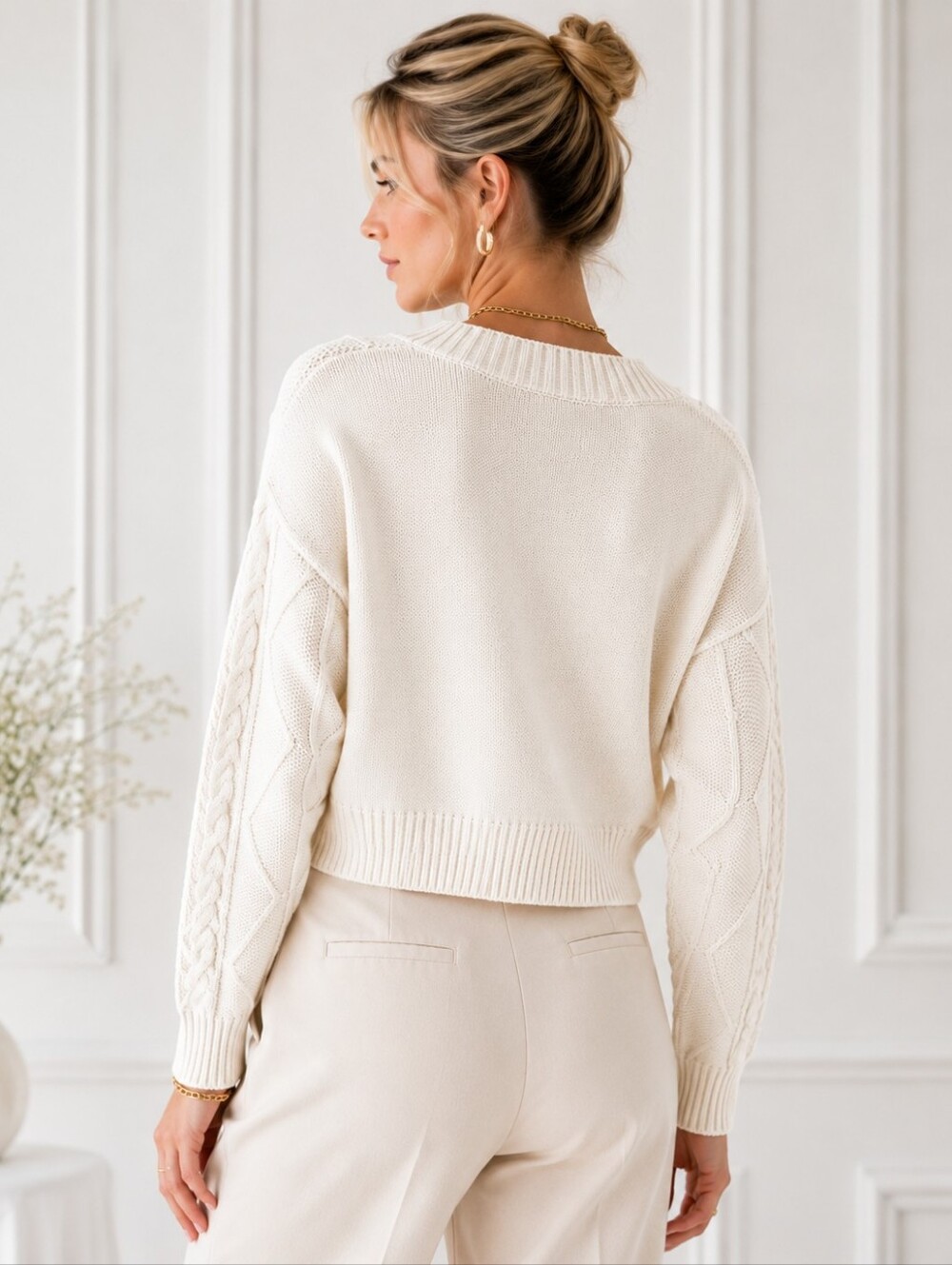 Blue Rain Ivory Cable Knit Cropped Sweater Size Large | V-Neck Cozy Knit - Picture 2 of 8